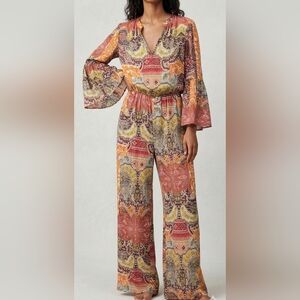 Zara Bohemian Paisley Patchwork Wide Leg Jumpsuit w Pockets, Size XS